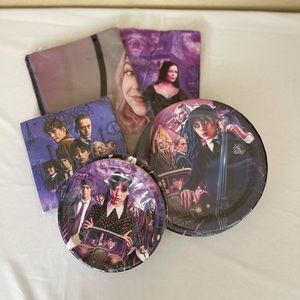 Wednesday Addams Birthday Party Supplies includes banner, balloons, plat…